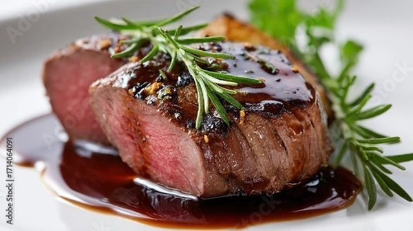 Obraz Sliced grilled meat, medium-rare, rests on a white plate with a rich brown sauce, garnished with rosemary sprigs and a hint of potato