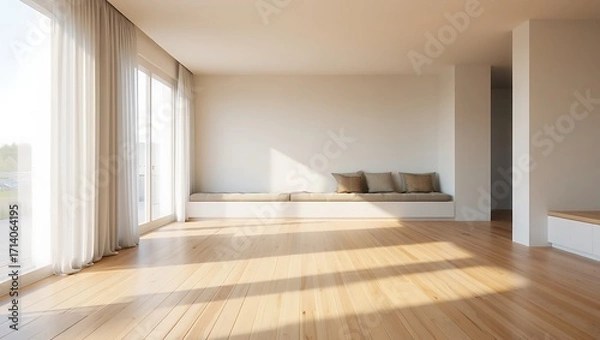 Obraz Sunlight streaming into a modern minimalist living room with built in seating