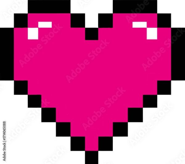 Fototapeta Pixelated pink heart displayed on a white background with black pixel accents evokes a retro, digital aesthetic perfect for gaming, romance, or valentine themed designs.