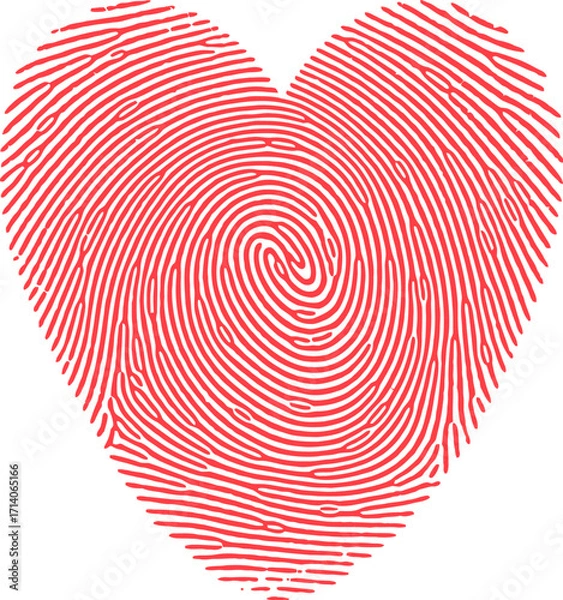 Fototapeta A red fingerprint forms a heart shape on a clean white background, symbolizing identity and love in a simple, minimalist design suitable for graphic design and conceptual illustrations.