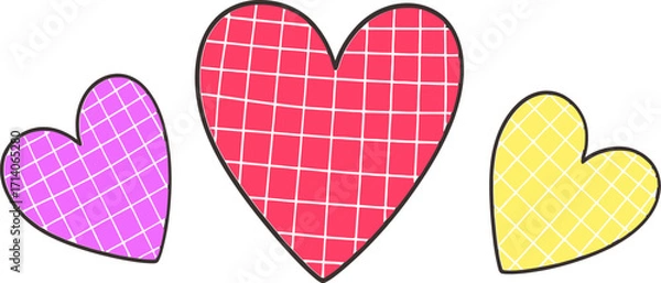 Fototapeta Three colorful hearts, in pink, red and yellow, stand against a clean white backdrop, each displaying a subtle grid pattern suitable for Valentine's Day promotions and graphic designs.