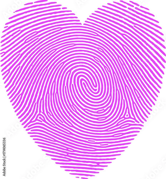 Fototapeta Striking heart shape created from a bright pink fingerprint on a white background conveys a sense of individuality and love, ideal for romantic or personal identity designs.