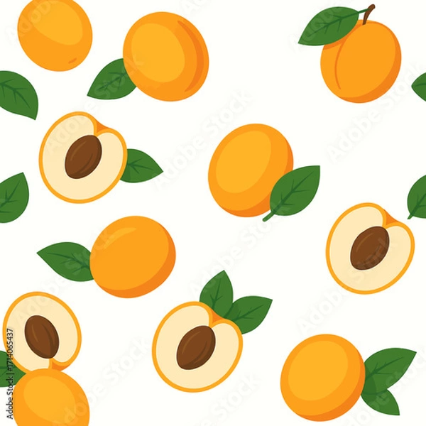 Obraz Seamless vector pattern of ripe apricots with green leaves and halved apricots on white background in flat modern style for food packaging textile and summer design