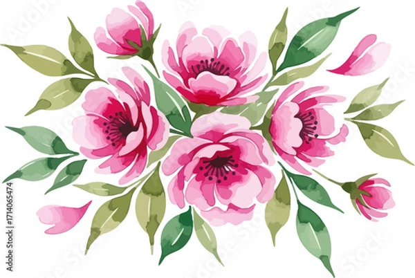 Fototapeta Pink flower bouquet with green leaves is arranged artistically in a watercolor style, set against a white background, ideal for spring and floral designs, greeting cards, or wedding invitations.