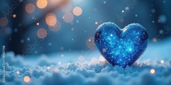 Fototapeta Abstract blue heart bokeh, festive winter scene, graphic, wintery