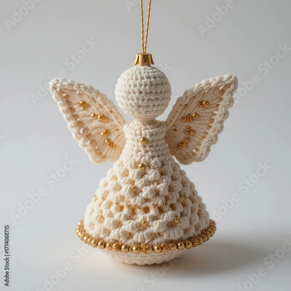 Fototapeta Handmade crocheted angel ornament on Christmas tree with festive baubles and soft holiday glow. AI generated.
