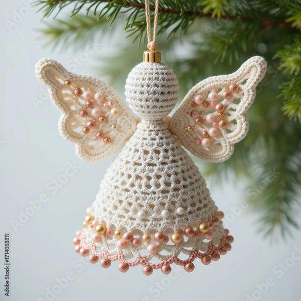 Fototapeta Handmade crocheted angel ornament on Christmas tree with festive baubles and soft holiday glow. AI generated.
