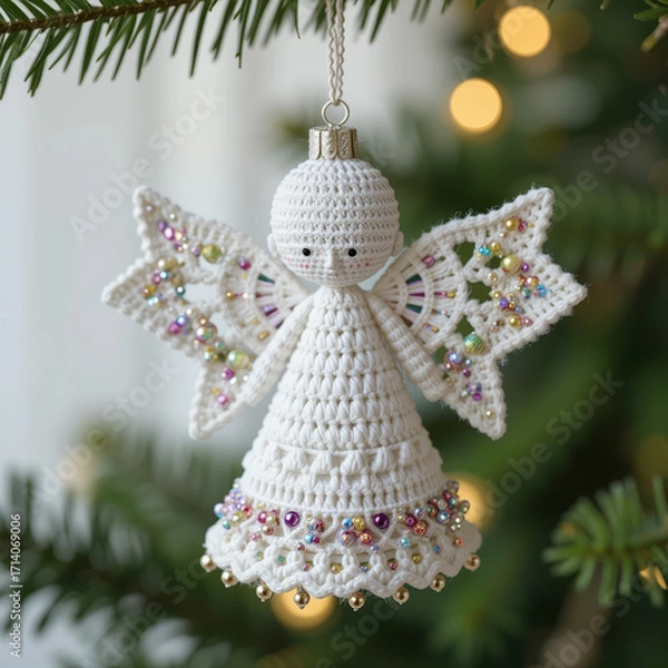 Fototapeta Handmade crocheted angel ornament on Christmas tree with festive baubles and soft holiday glow. AI generated.
