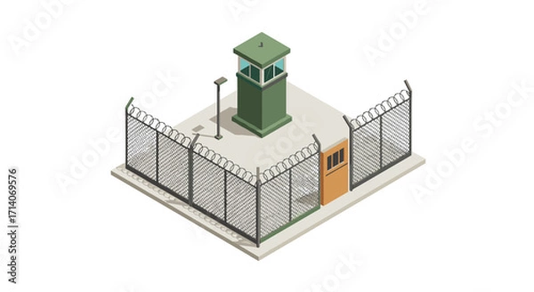 Fototapeta Isometric guard tower with barbed fence in minimalist design