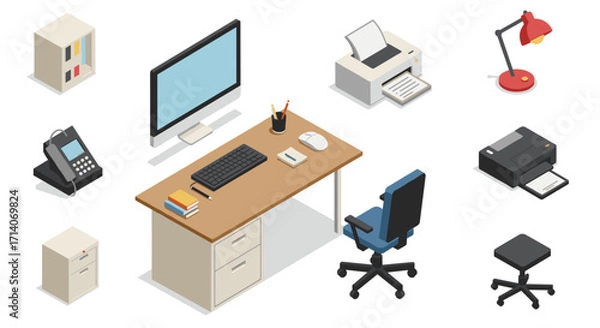 Fototapeta Modern office workspace with desk, computer, and stationery in isometric design