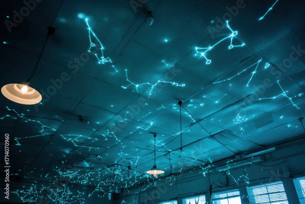 Obraz tranquil interior space featuring ceiling that vividly projects realtime night sky filled with sparkling stars