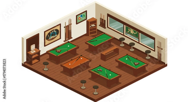 Fototapeta Isometric billiard room with pool tables and bar stools