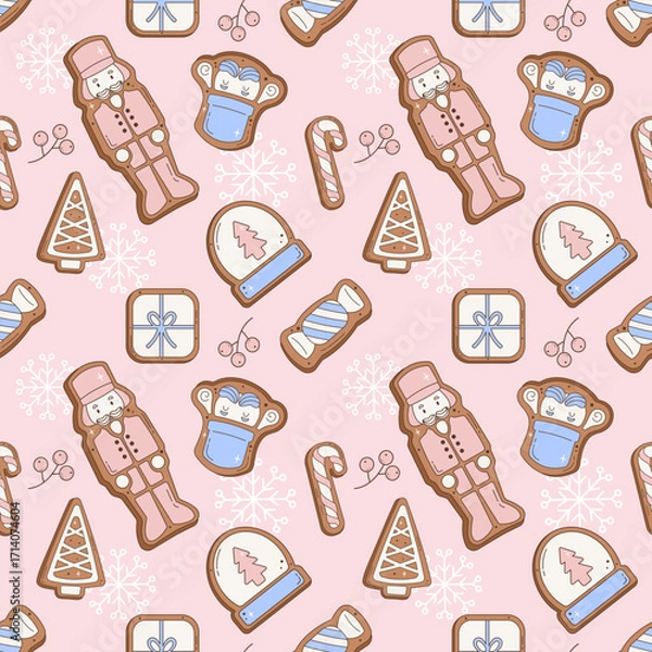 Obraz Pink nutcracker Christmas cookies seamless pattern with holiday sweets, snowflakes, and festive winter design on a pink background.