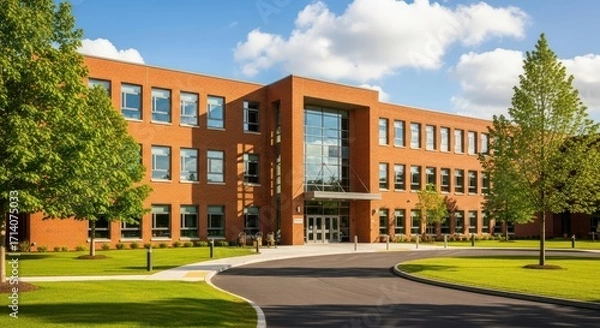 Obraz Modern Red Brick Office Building with Green Lawns and Trees