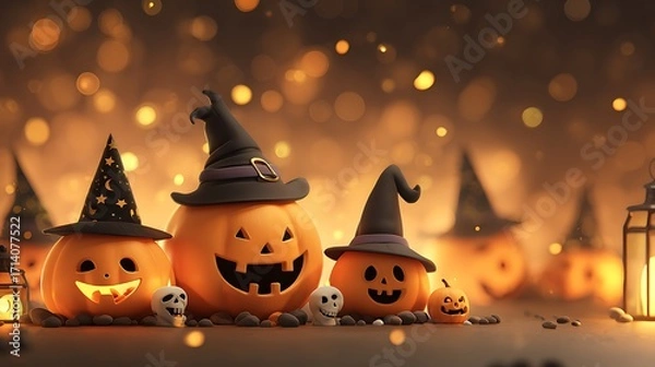 Obraz Happy pumpkins with cheerful spooky smiles, mini skulls, glowing candles, and witch hats on orange