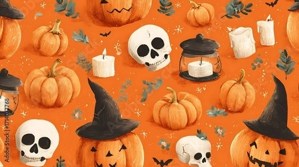 Obraz Silly spooky pumpkins with sweet scary faces, little skulls, candles, and witch hats on orange