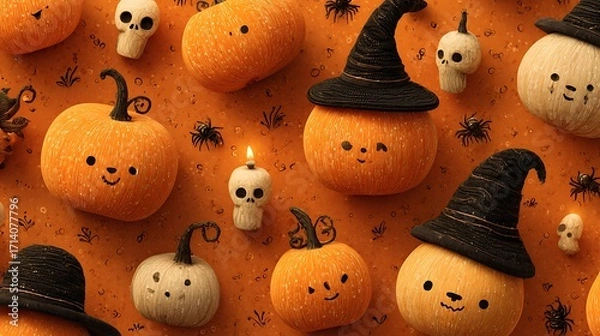 Obraz Goofy pumpkins with cute spooky grins, tiny skulls, glowing candles, and witch hats on orange