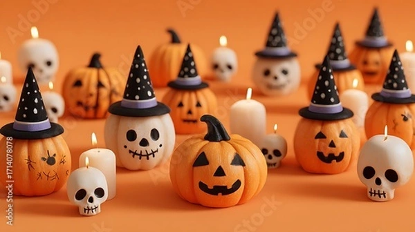 Obraz Cheerful pumpkins with funny spooky faces, mini skulls, flickering candles, and witch hats on orange