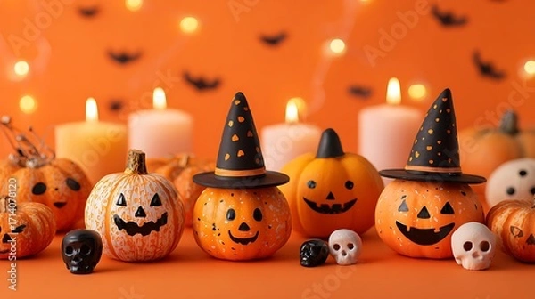 Obraz Cheerful pumpkins with funny spooky faces, mini skulls, flickering candles, and witch hats on orange