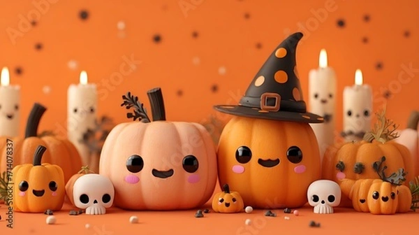 Obraz Cute pumpkins with silly spooky expressions, tiny skulls, candles, and witch hats on orange