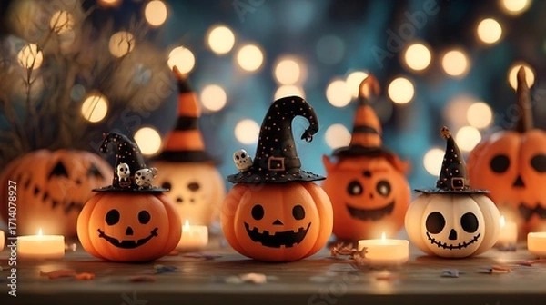 Obraz Funny pumpkins with cheerful spooky grins, little skulls, candles, and witch hats on orange