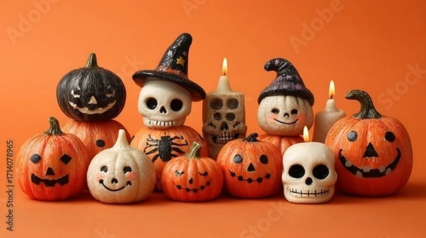 Obraz Funny pumpkins with cheerful spooky grins, little skulls, candles, and witch hats on orange