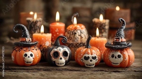 Obraz Whimsical pumpkins with sweet spooky faces, small skulls, candles, and witch hats on orange