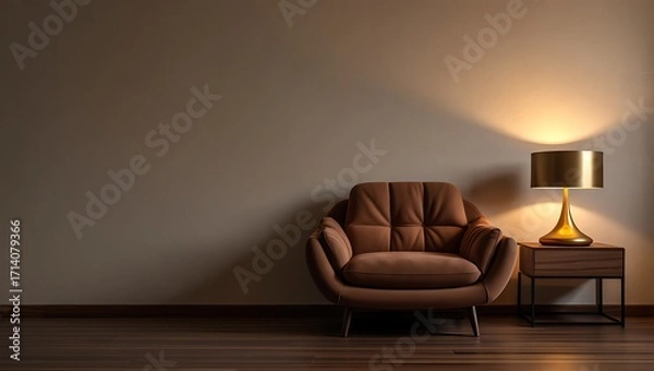 Obraz Cozy armchair and lamp in a dimly lit room with warm lighting