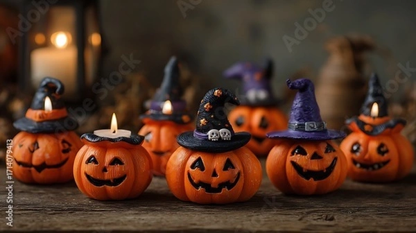 Obraz Friendly spooky pumpkins with funny scary grins, mini skulls, flickering candles, and witch hats on orange