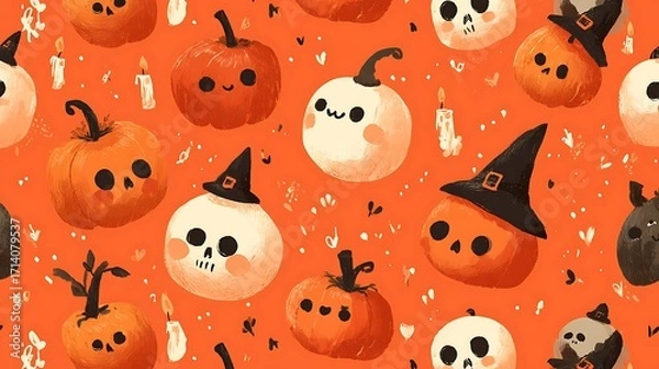 Obraz Happy cartoon pumpkins with cute spooky faces, little skulls, candles, and witch hats on orange