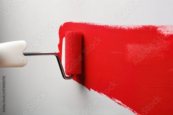 Fototapeta A detailed closeup view of a vibrant red paint roller as it applies a fresh and glossy coat on a smooth wall surface