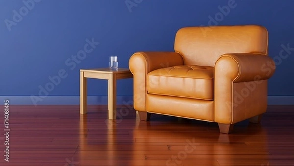 Obraz Comfortable leather armchair next to a small side table with a glass