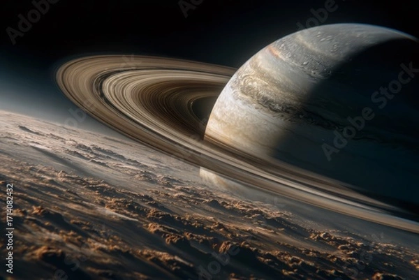 Fototapeta Giant Gas Planet with Rings in Space Surrounded by Clouds and Stars