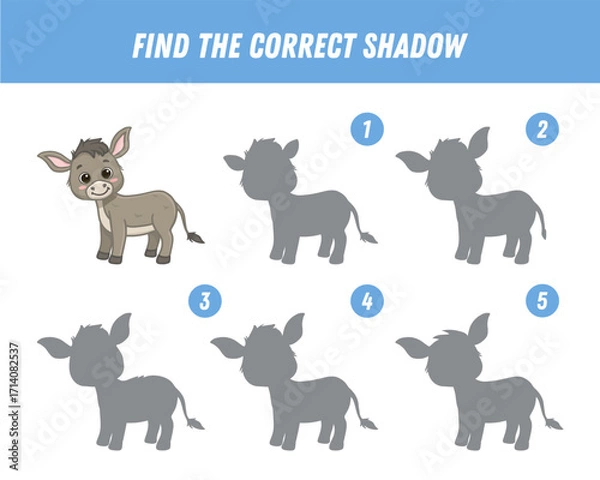 Fototapeta Find correct shadow of cute cartoon donkey. Educational logical game for kids. Funny animal. Vector illustration