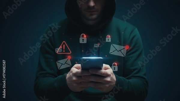 Fototapeta A hooded man holding a smartphone surrounded by lock and warning icons highlighting scam alert warning, fraud alert, and email spam risks