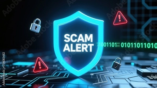 Fototapeta A glowing cyan shield with scam alert warning text surrounded by lock and email spam fraud alert icons