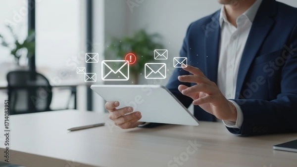 Fototapeta A businessman holding a tablet with floating glowing envelopes showing scam alert warning, fraud alert, and email spam notifications