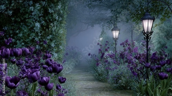 Fototapeta A moonlit garden path overgrown with ivy, black tulips blooming under antique wrought-iron lanterns, deep purples and dark greens, mist swirling, gothic romantic atmosphere.