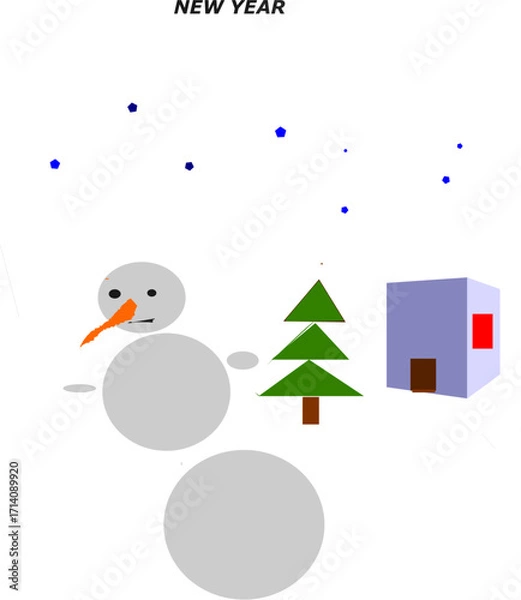 Fototapeta Winter Scene with Snowman, House and Fir Tree