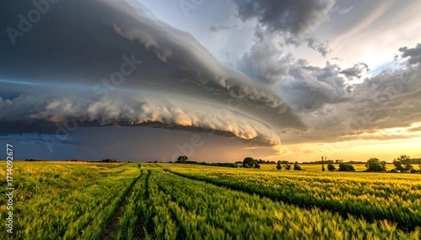 Fototapeta Dramatic storm clouds over a golden field