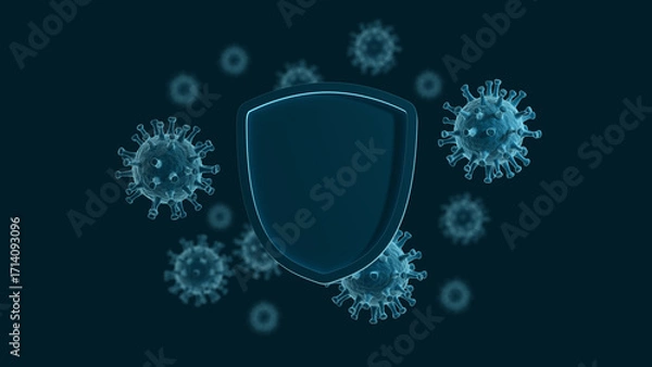 Fototapeta Virus and shield. Blue color. 3d illustration.
