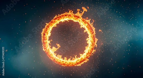 Fototapeta Burning Circle with Fire and Sparks on Dark Teal Background