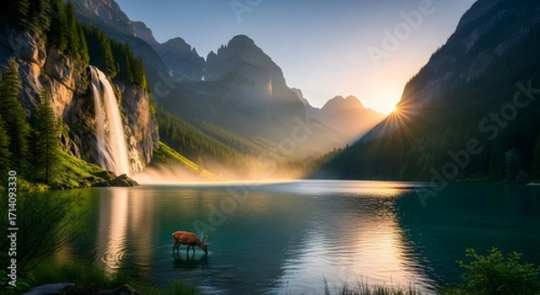 Fototapeta Majestic Deer Drinking From Serene Lake at Sunrise with Waterfall and Mountains