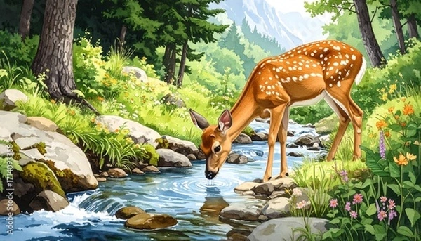Fototapeta An idyllic scene featuring a young deer drinking from a clear, flowing stream amidst lush forest greenery and mountains
