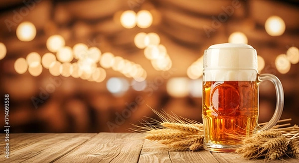 Fototapeta Amber Beer Mug with Wheat on Rustic Wood Table, Blurry Lights
