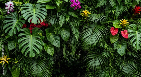 Fototapeta Lush Green Plant Wall with Colorful Flowers Tropical Foliage Backdrop