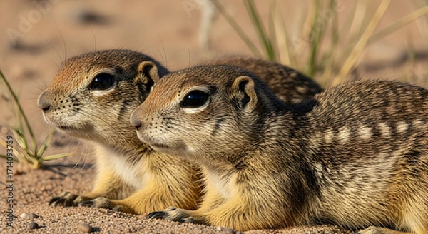 Fototapeta Alert Squirrels Relaxing on Sandy Ground with Striped Fur