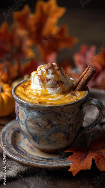 Fototapeta A rustic ceramic mug of pumpkin spice latte topped with whipped cream, caramel, and a cinnamon stick against a background of autumn leaves. Cozy hygge atmosphere