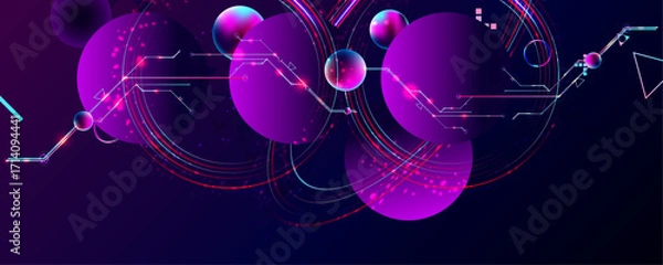 Fototapeta Dark retro futuristic cyberpunk elements abstraction background cosmos synthwave vaporwave retrowave glitch circle with blue and pink glows