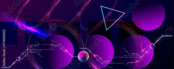Fototapeta Dark retro futuristic cyberpunk elements abstraction background cosmos synthwave vaporwave retrowave glitch circle with blue and pink glows